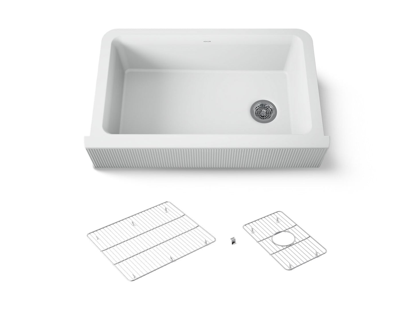 KOHLER K-25788-CM6 Cairn 34" undermount single-bowl farmhouse kitchen sink with fluted design - Matte White
