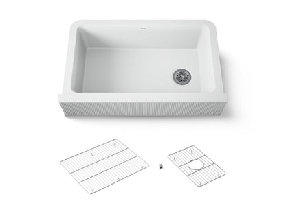 KOHLER K-25788-CM6 Cairn 34" undermount single-bowl farmhouse kitchen sink with fluted design - Matte White