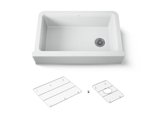 KOHLER K-25788-CM6 Cairn 34" undermount single-bowl farmhouse kitchen sink with fluted design - Matte White