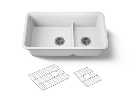 KOHLER K-27786-CM6 Cairn Smart Divide 33-1/2" undermount double-bowl kitchen sink - Matte White