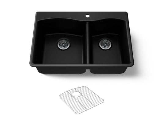 KOHLER K-28002-1-CM1 Kennon 33" top-/undermount double-bowl kitchen sink - Matte Black