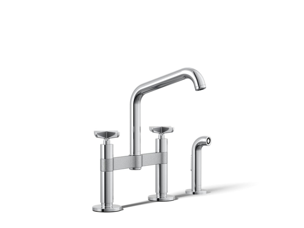 KOHLER K-28665-3-CP Billet Two-Hole Bridge Kitchen Sink Faucet With Side Sprayer - Polished Chrome