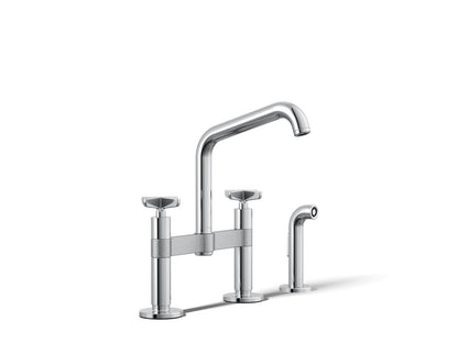 KOHLER K-28665-3-CP Billet Two-hole bridge kitchen sink faucet with side sprayer - Polished Chrome