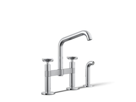KOHLER K-28665-3-CP Billet Two-hole bridge kitchen sink faucet with side sprayer - Polished Chrome