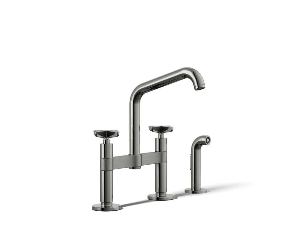 KOHLER K-28665-3-TT Billet Two-Hole Bridge Kitchen Sink Faucet With Side Sprayer - Vibrant Titanium