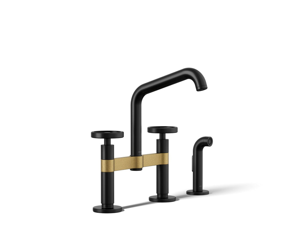KOHLER K-28665-9-BMB Billet Two-Hole Bridge Kitchen Sink Faucet With Side Sprayer - Matte Black With Brushed Moderne Brass