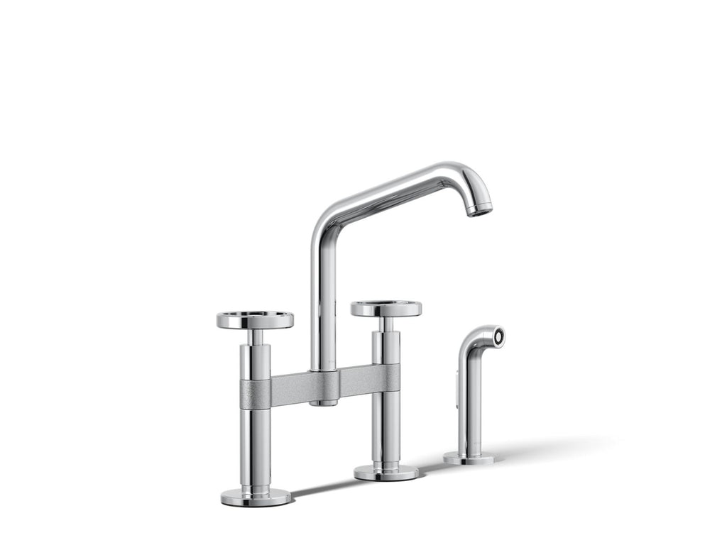 KOHLER K-28665-9-CP Billet Two-Hole Bridge Kitchen Sink Faucet With Side Sprayer - Polished Chrome