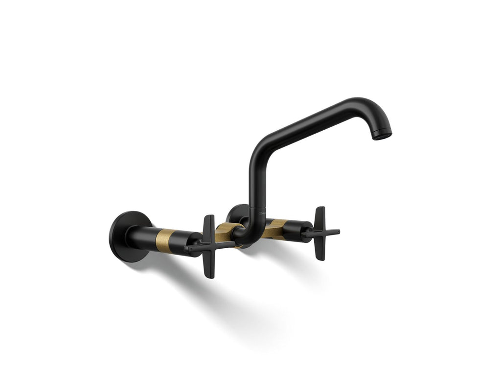 KOHLER K-28666-3-BMB Billet Two-Hole Wall-Mount Bridge Kitchen Sink Faucet - Matte Black With Brushed Moderne Brass