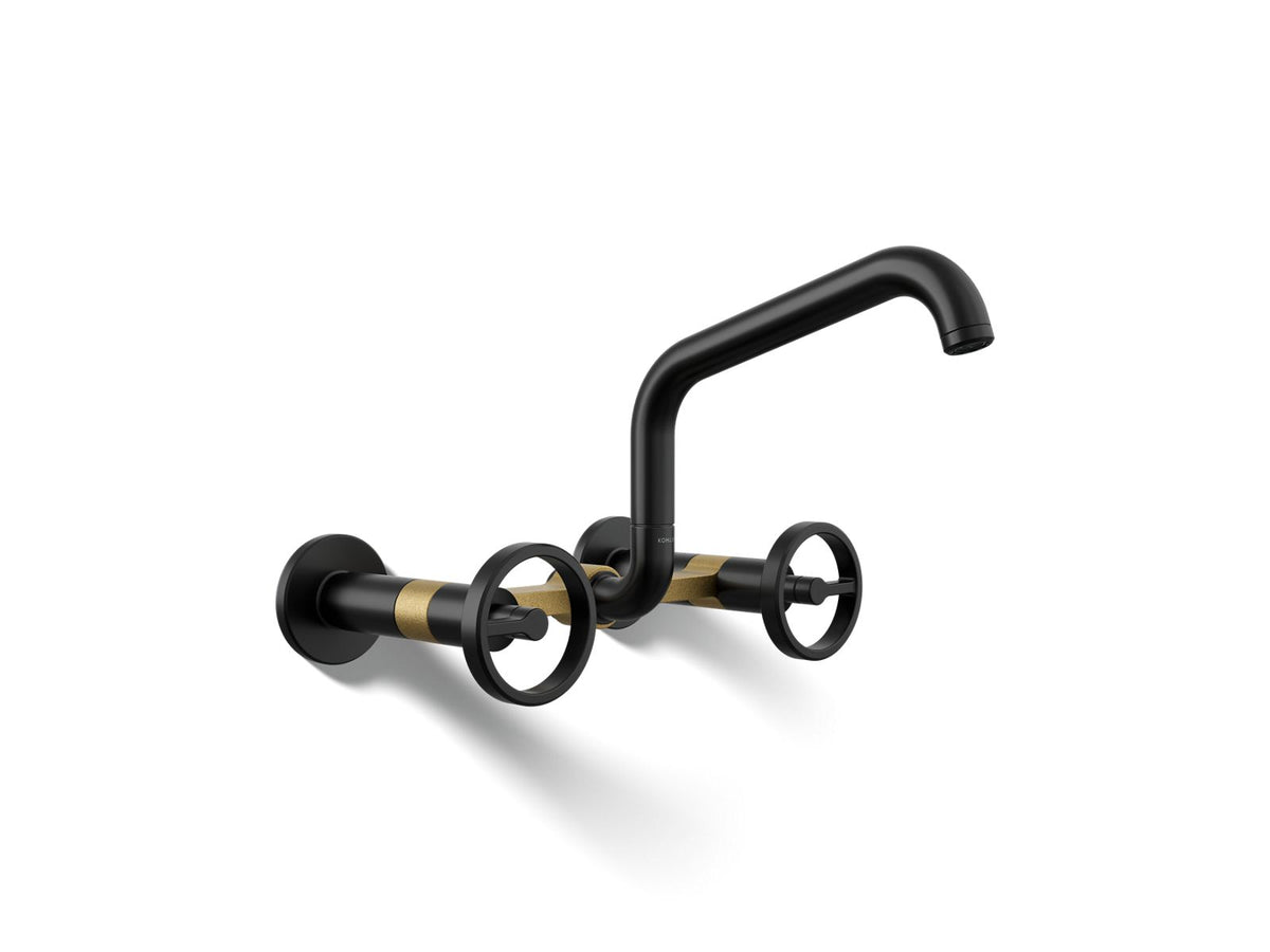 KOHLER K-28666-9-BMB Billet Two-Hole Wall-Mount Bridge Kitchen Sink Faucet - Matte Black With Brushed Moderne Brass