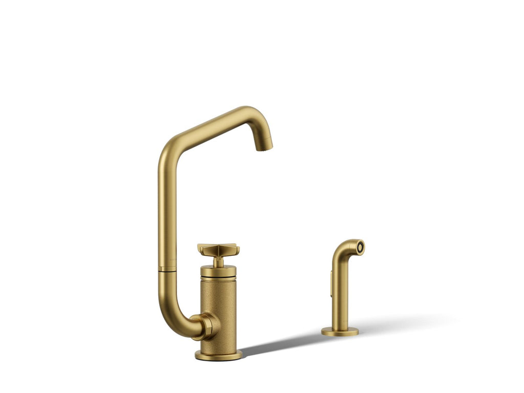 KOHLER K-28667-3-2MB Billet Single-Handle Bar Sink Faucet With Two-Function Extended-Reach Spout And Side Sprayer - Vibrant Brushed Moderne Brass