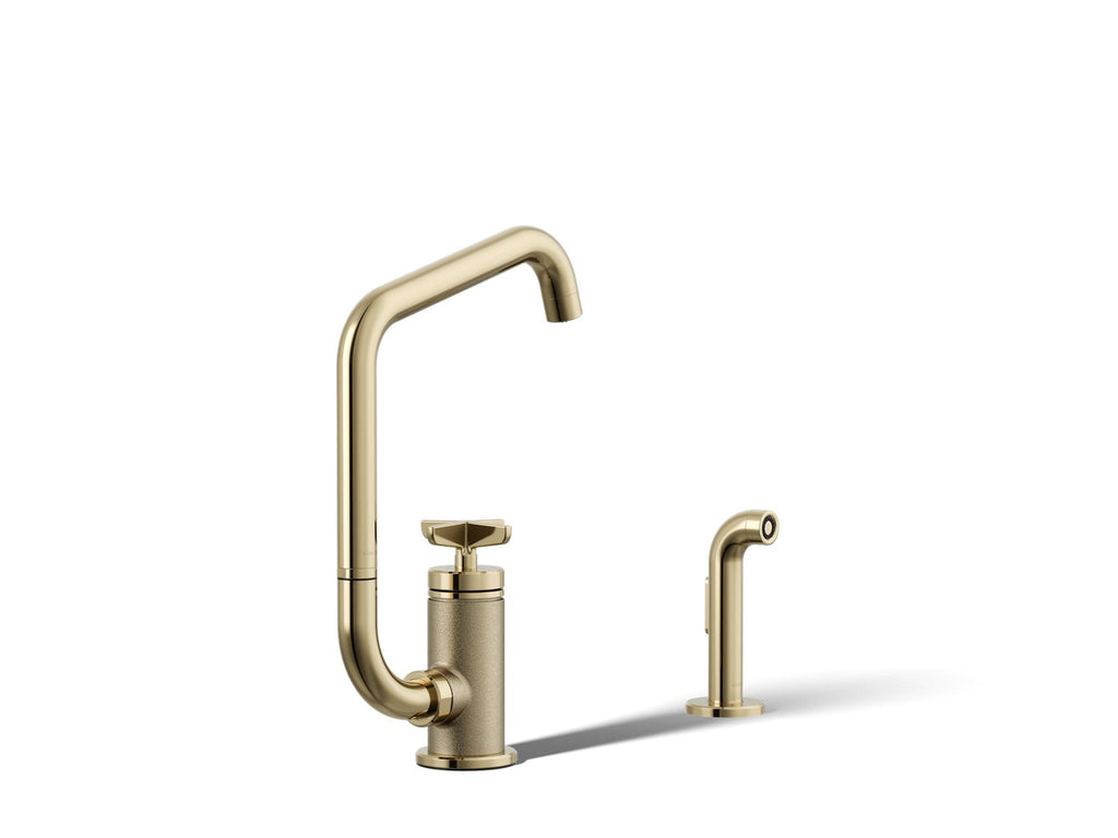KOHLER K-28667-3-AF Billet Single-Handle Bar Sink Faucet With Two-Function Extended-Reach Spout And Side Sprayer - Vibrant French Gold