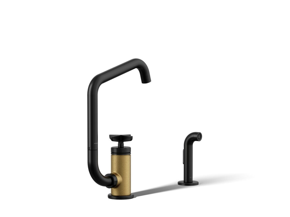 KOHLER K-28667-3-BMB Billet Single-Handle Bar Sink Faucet With Two-Function Extended-Reach Spout And Side Sprayer - Matte Black With Brushed Moderne Brass