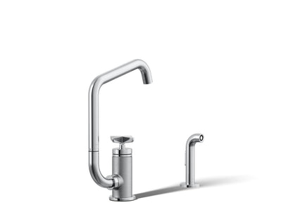 KOHLER K-28667-3-CP Billet Single-handle bar sink faucet with two-function extended-reach spout and side sprayer - Polished Chrome