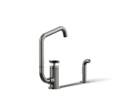 KOHLER K-28667-3-TT Billet Single-handle bar sink faucet with two-function extended-reach spout and side sprayer - Vibrant Titanium