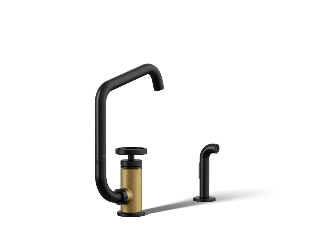 KOHLER K-28667-9-BMB Billet Single-Handle Bar Sink Faucet With Two-Function Extended-Reach Spout And Side Sprayer - Matte Black With Brushed Moderne Brass