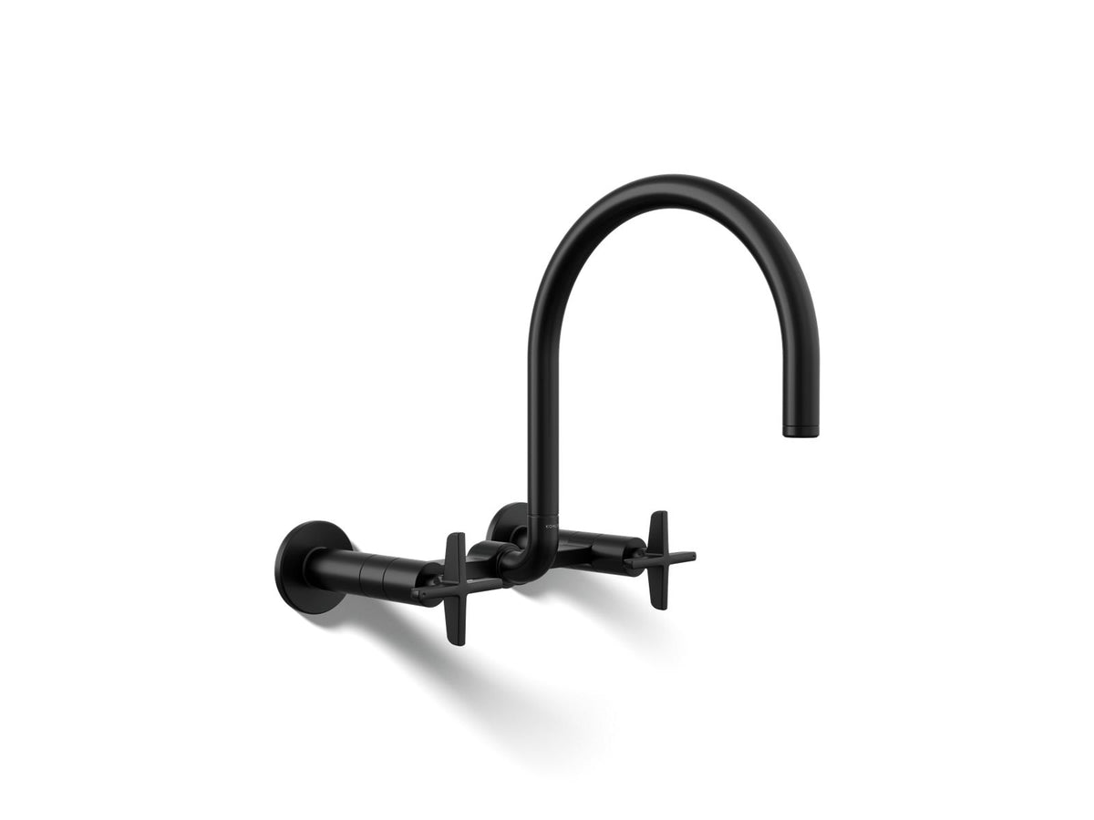 KOHLER K-28672-3-BL Billet Two-Hole Wall-Mount Bridge Kitchen Sink Faucet - Matte Black