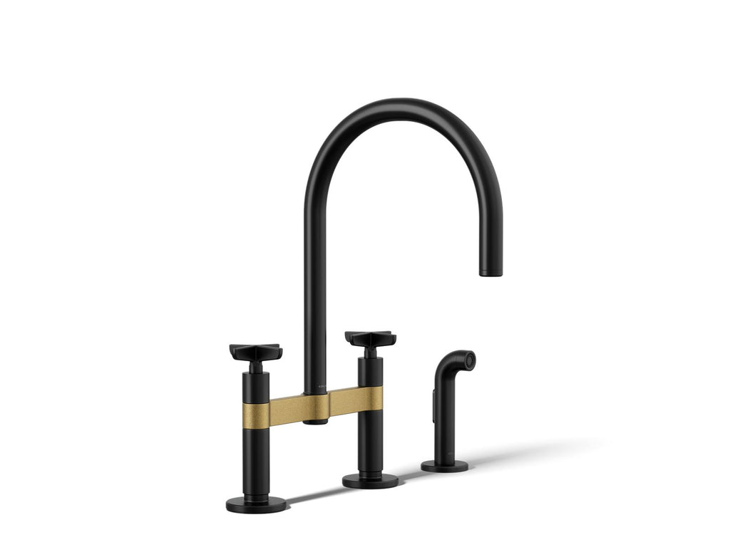 KOHLER K-28673-3-BMB Billet Two-Hole Bridge Kitchen Sink Faucet With Side Sprayer - Matte Black With Brushed Moderne Brass