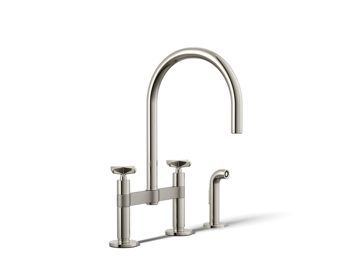 KOHLER K-28673-3-SN Billet Two-Hole Bridge Kitchen Sink Faucet With Side Sprayer - Vibrant Polished Nickel