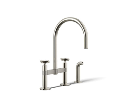 KOHLER K-28673-3-SN Billet Two-hole bridge kitchen sink faucet with side sprayer - Vibrant Polished Nickel