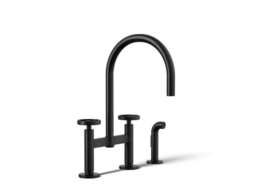 KOHLER K-28673-9-BL Billet Two-Hole Bridge Kitchen Sink Faucet With Side Sprayer - Matte Black