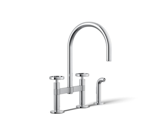 KOHLER K-28673-9-CP Billet Two-hole bridge kitchen sink faucet with side sprayer - Polished Chrome