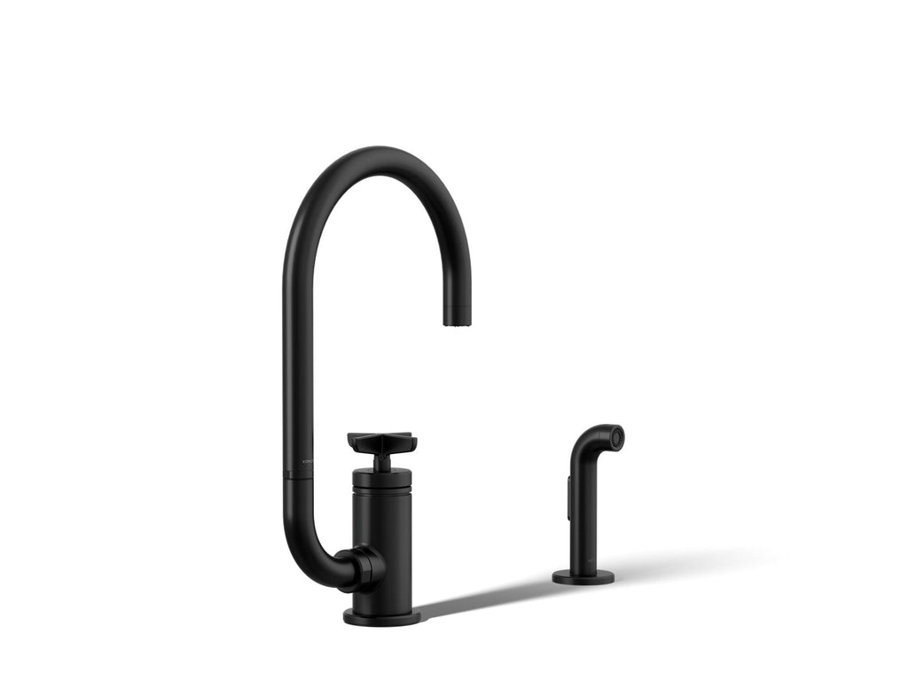 KOHLER K-28675-3-BL Billet Single-Handle Bar Sink Faucet With Two-Function Extended-Reach Spout And Side Sprayer - Matte Black
