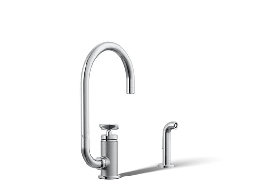KOHLER K-28675-3-CP Billet Single-handle bar sink faucet with two-function extended-reach spout and side sprayer - Polished Chrome