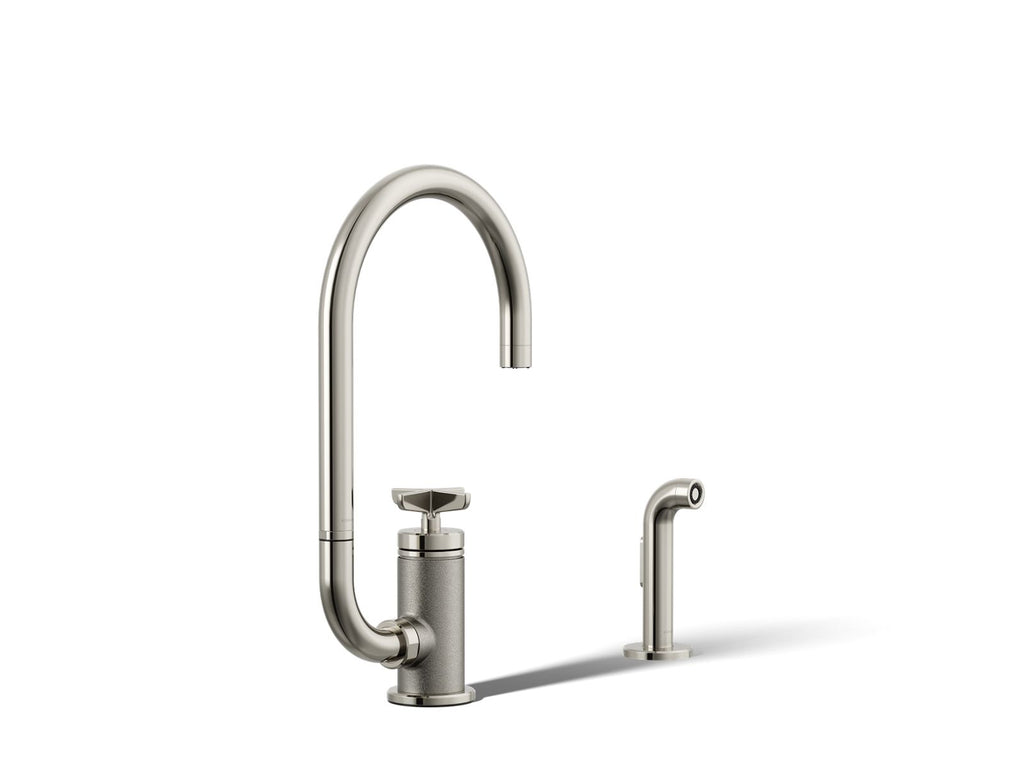 KOHLER K-28675-3-SN Billet Single-Handle Bar Sink Faucet With Two-Function Extended-Reach Spout And Side Sprayer - Vibrant Polished Nickel