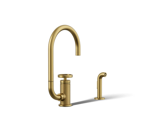 KOHLER K-28675-9-2MB Billet Single-handle bar sink faucet with two-function extended-reach spout and side sprayer - Vibrant Brushed Moderne Brass
