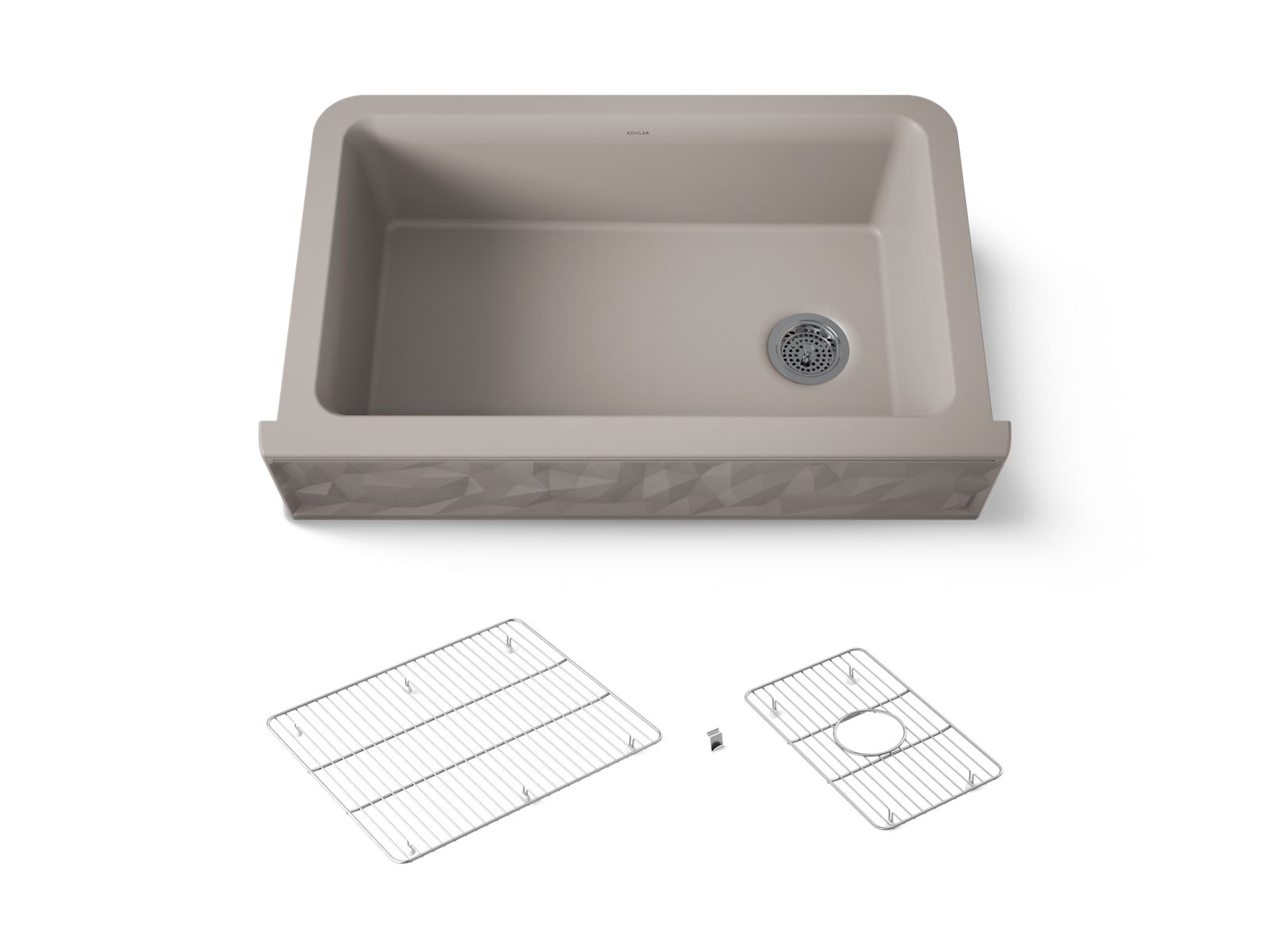 KOHLER K-29825-CM3 Cairn 34" Undermount Single-Bowl Farmhouse Kitchen Sink With Faceted Design - Matte Taupe