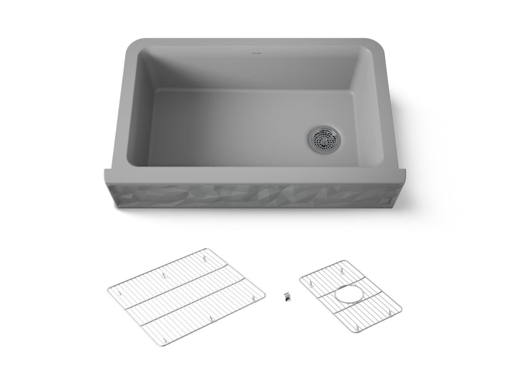 KOHLER K-29825-CM4 Cairn 34" Undermount Single-Bowl Farmhouse Kitchen Sink With Faceted Design - Matte Grey