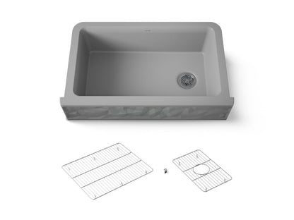 KOHLER K-29825-CM4 Cairn 34" undermount single-bowl farmhouse kitchen sink with faceted design - Matte Grey