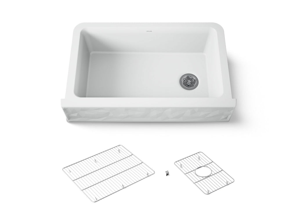 KOHLER K-29825-CM6 Cairn 34" Undermount Single-Bowl Farmhouse Kitchen Sink With Faceted Design - Matte White