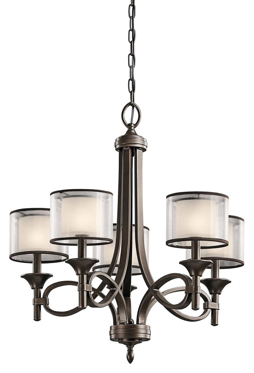 KICHLER 42381MIZ Lacey 26" 5 Light Chandelier with Satin Etched Cased Opal Inner Diffusers and Light Umber Translucent Organza Outer Shade in Mission Bronze