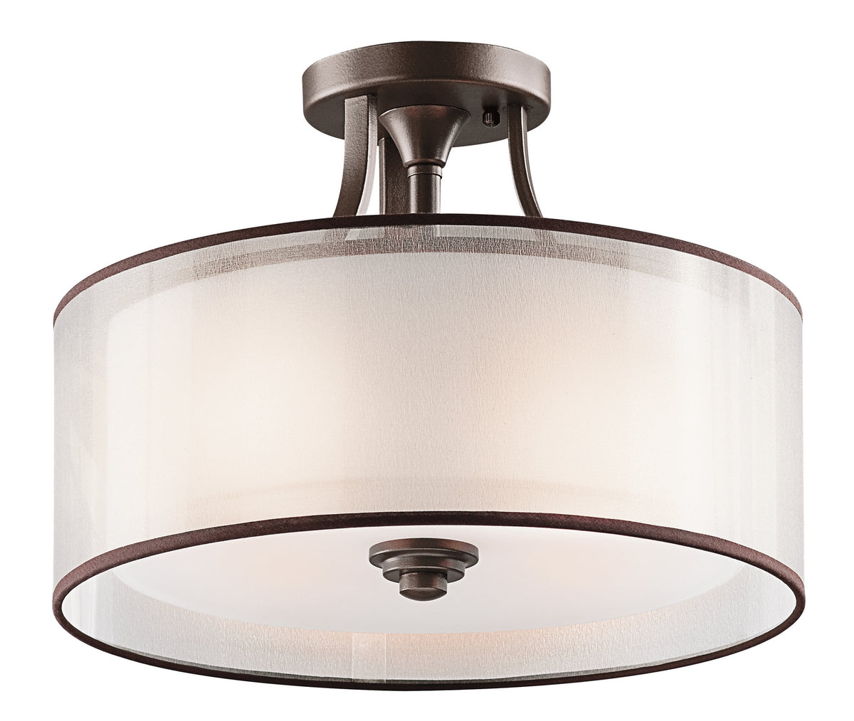 KICHLER 42386MIZ Lacey 15" 3 Light Semi Flush With Satin Etched Cased Opal Inner Diffusers And Light Umber Translucent Organza Outer Shade In Mission Bronze