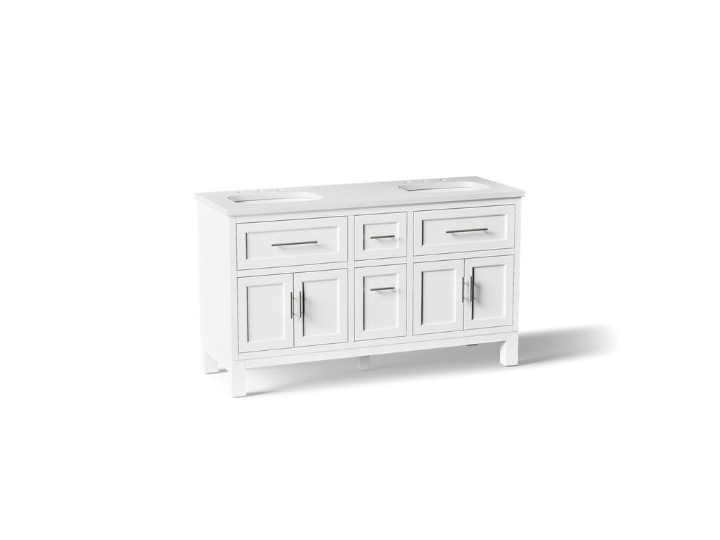 KOHLER K-31246-ASB-0 Quo 60" Bathroom Vanity Cabinet With Sinks And Quartz Top - White