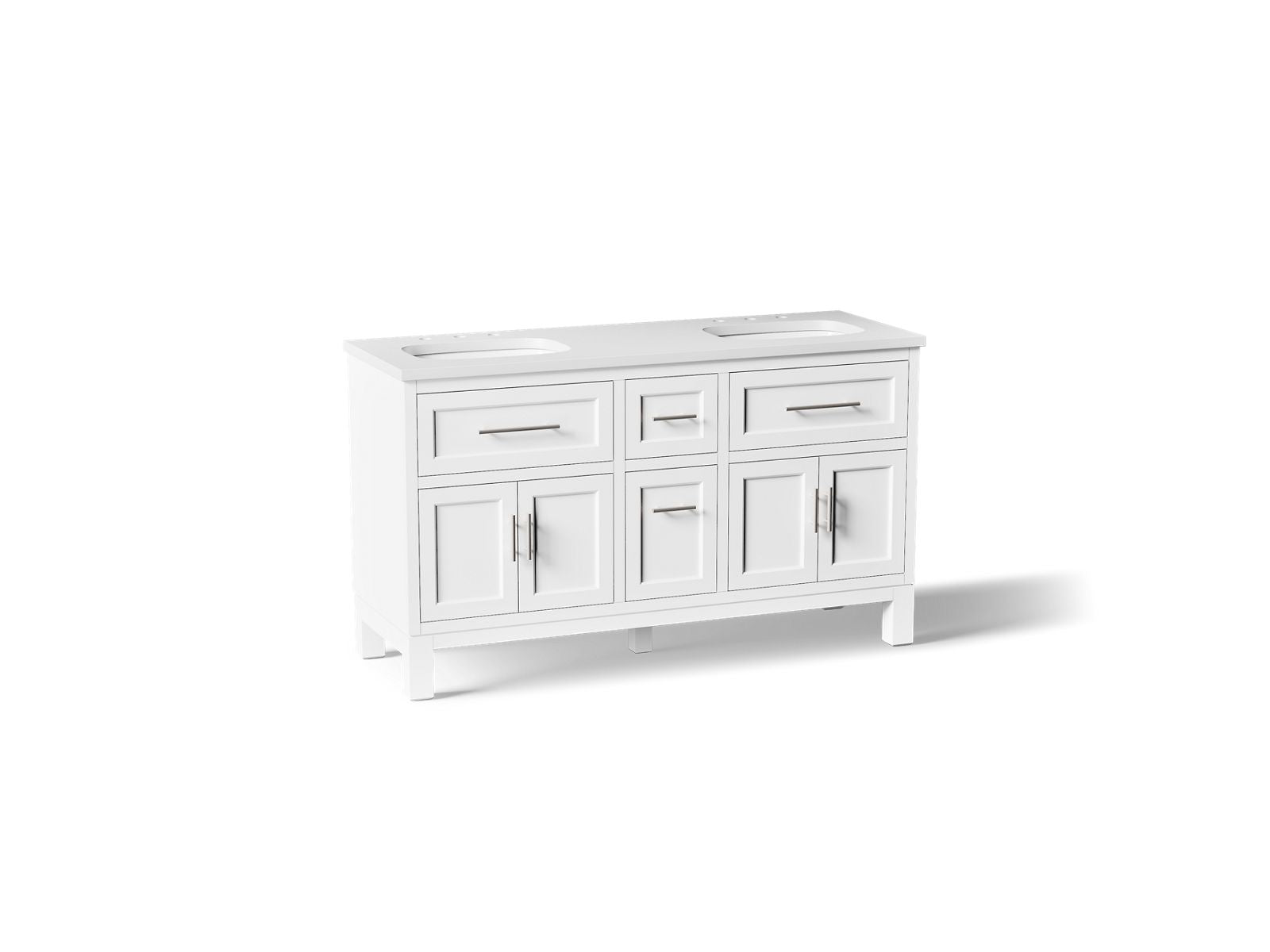 KOHLER K-31246-ASB-0 Quo 60" Bathroom Vanity Cabinet With Sinks And Quartz Top - White
