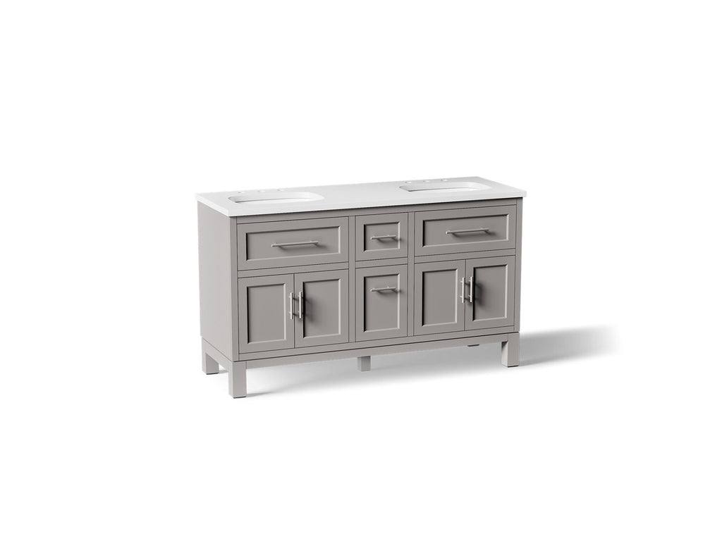 KOHLER K-31246-ASB-1WT Quo 60" Bathroom Vanity Cabinet With Sinks And Quartz Top - Mohair Grey