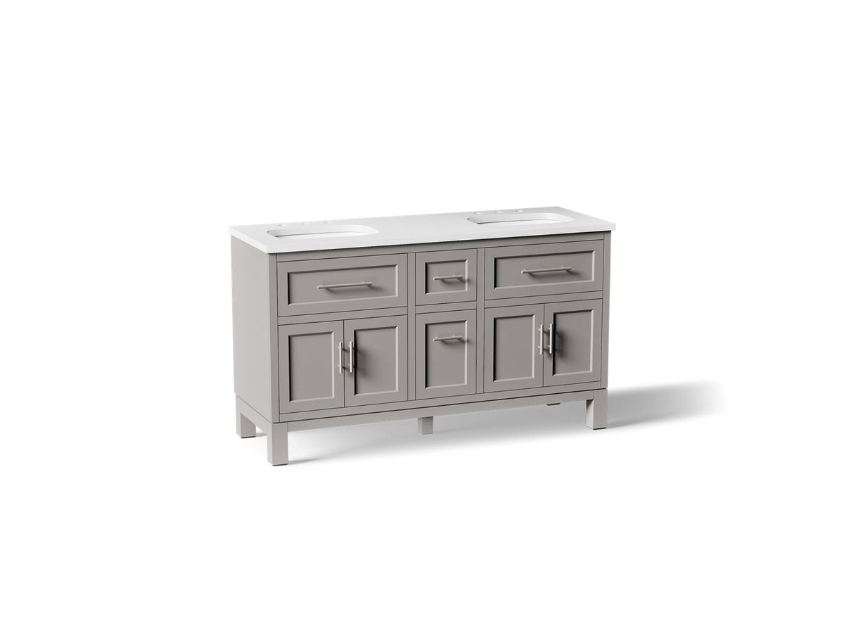 KOHLER K-31246-ASB-1WT Quo 60" Bathroom Vanity Cabinet With Sinks And Quartz Top - Mohair Grey