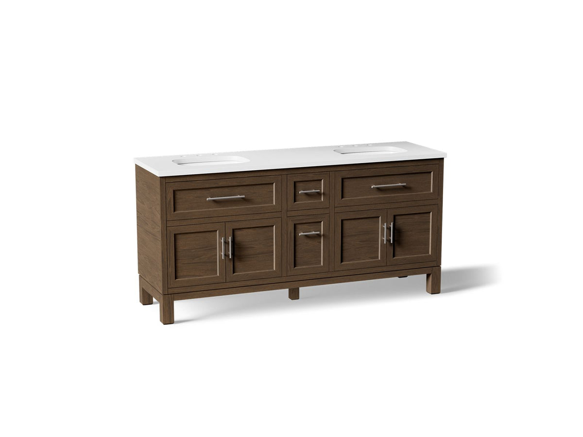 KOHLER K-31247-ASB-DAK Quo 72" bathroom vanity cabinet with sinks and quartz top - Draper Oak