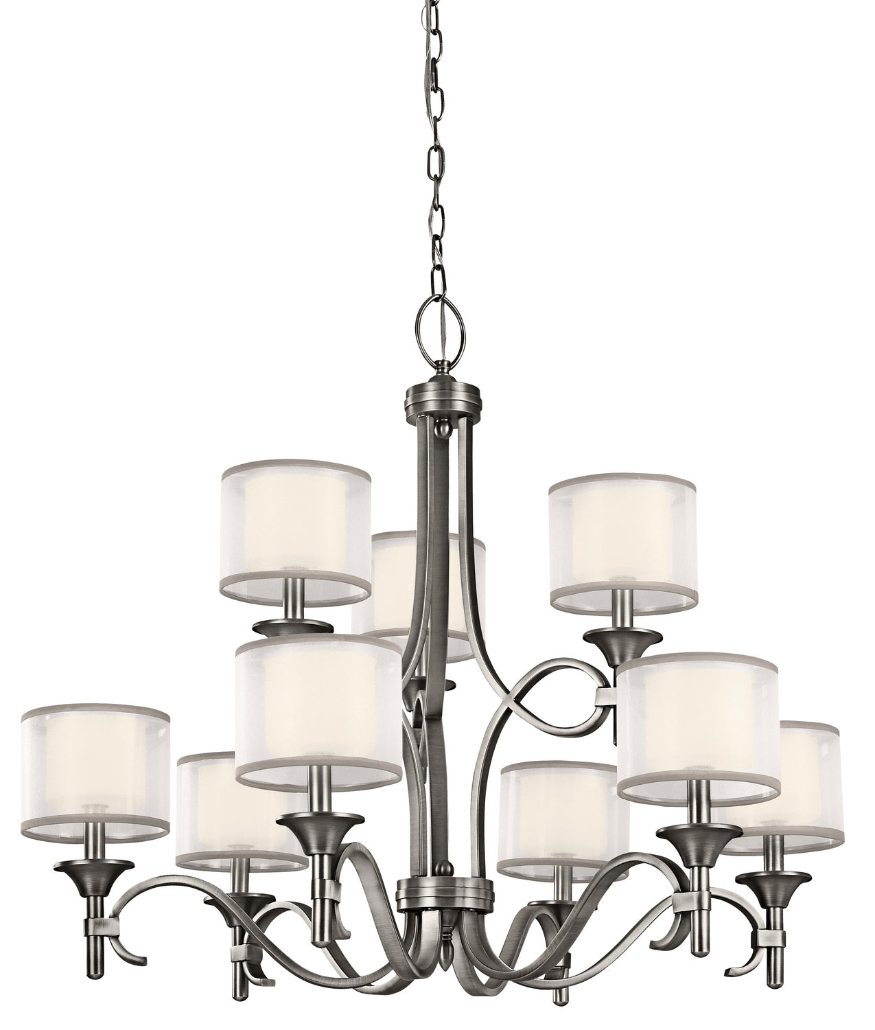KICHLER 42382AP Lacey 29.5" 9 Light 2 Tier Chandelier with Satin Etched Cased Opal Inner Diffusers and White Translucent Organza Outer Shade in Antique Pewter