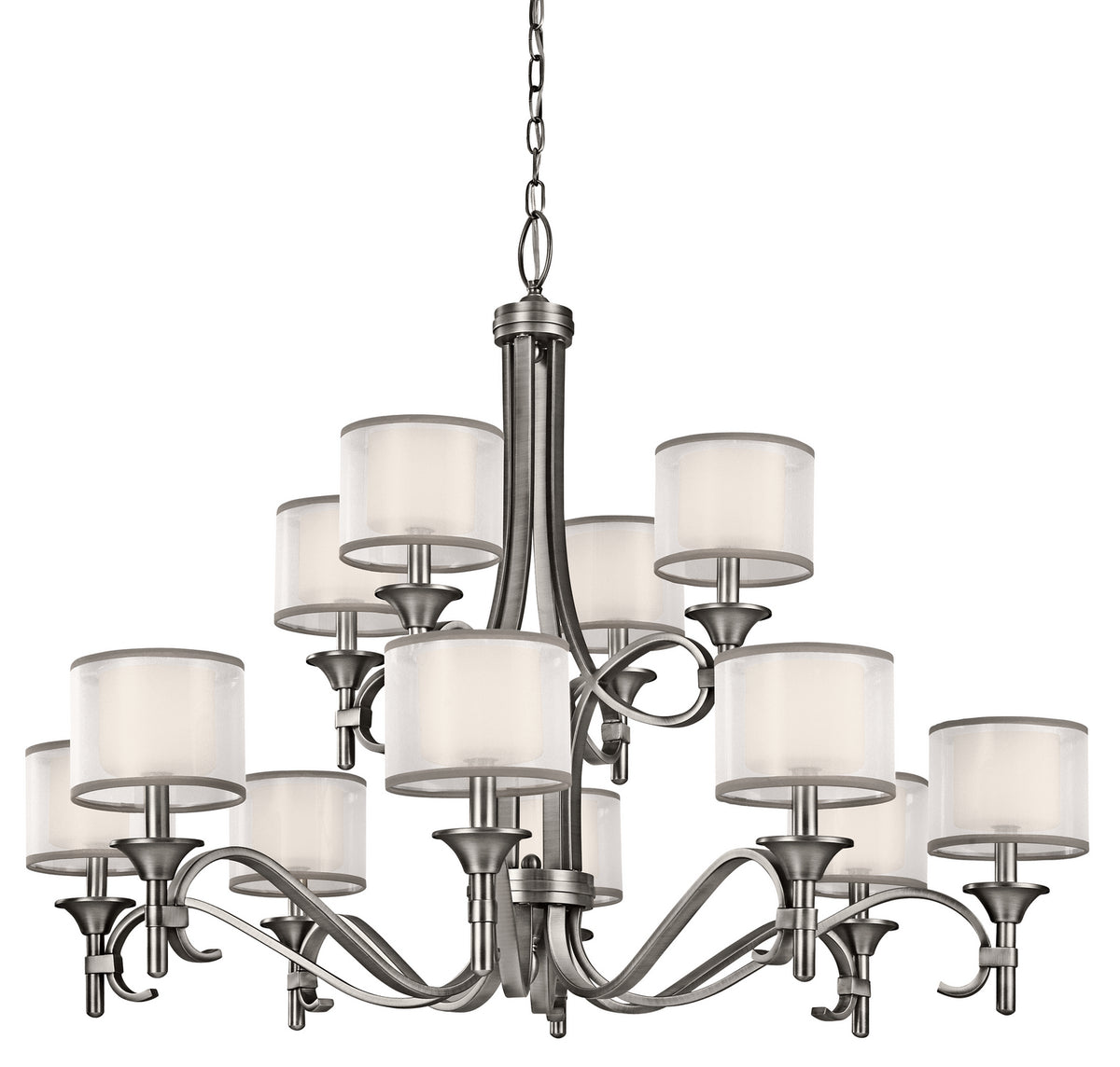 KICHLER 42383AP Lacey 32" 12 Light 3 Tier Chandelier with Satin Etched Cased Opal Inner Diffusers and White Translucent Organza Outer Shade in Antique Pewter