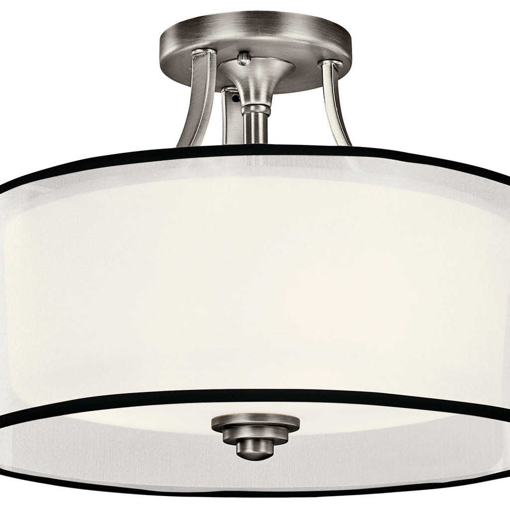 KICHLER 42386AP Lacey 15" 3 Light Semi Flush With Satin Etched Cased Opal Inner Diffusers And White Translucent Organza Outer Shade In Antique Pewter