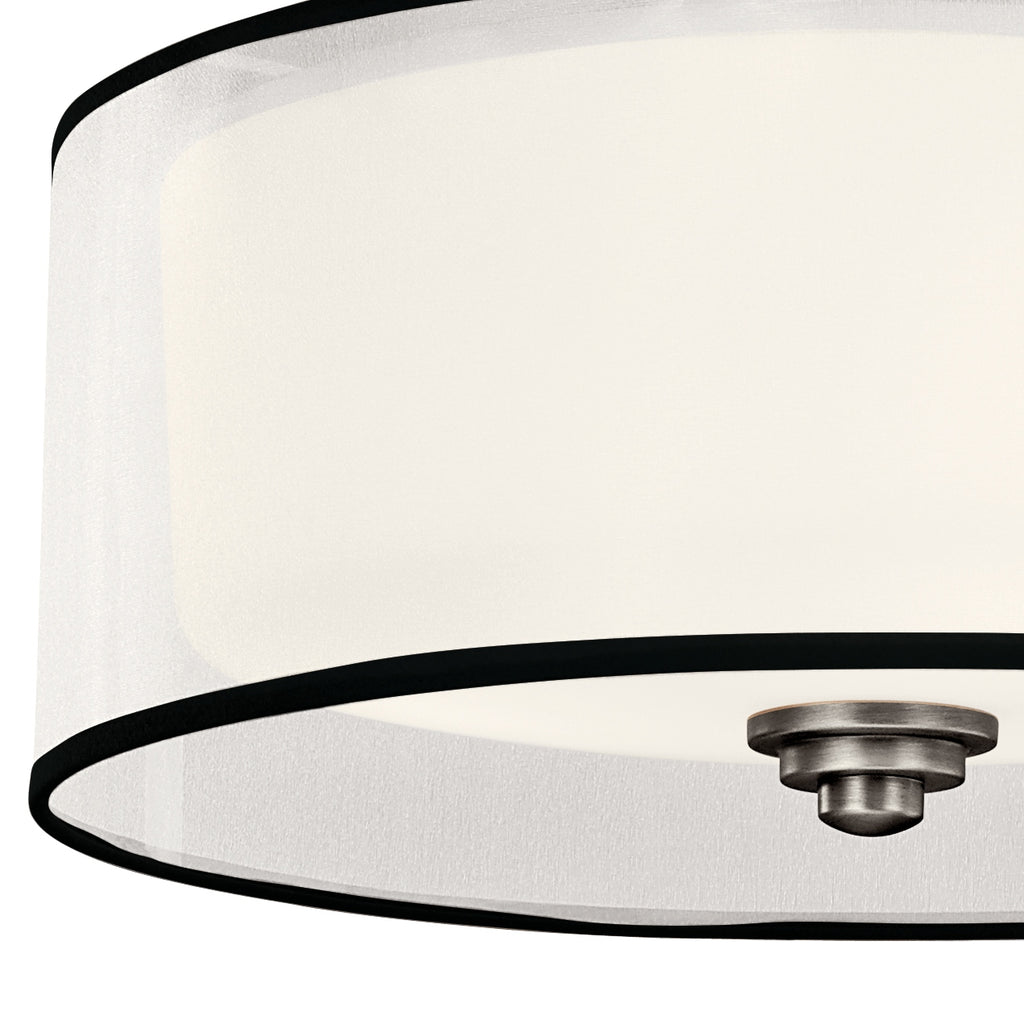 KICHLER 42386AP Lacey 15" 3 Light Semi Flush With Satin Etched Cased Opal Inner Diffusers And White Translucent Organza Outer Shade In Antique Pewter
