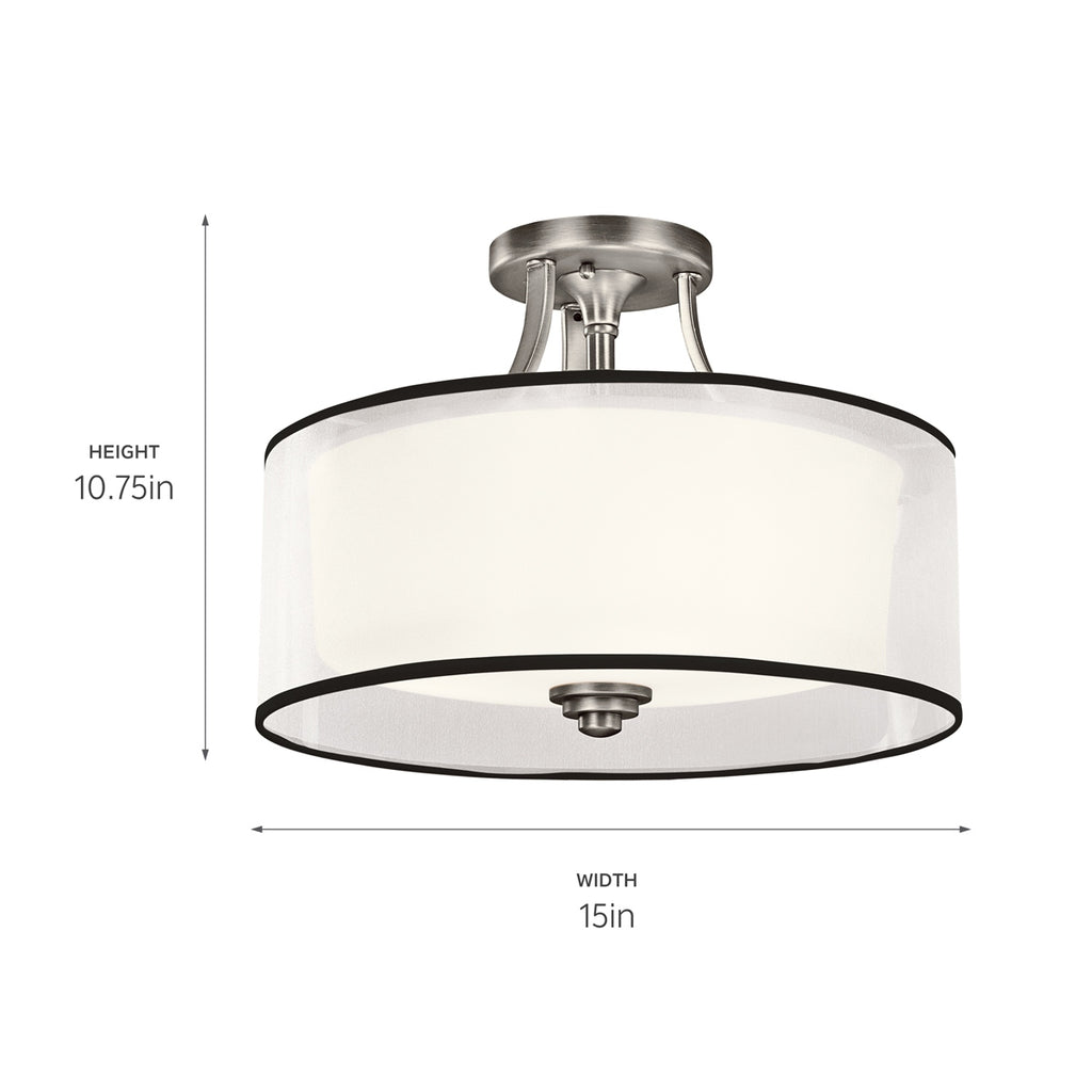 KICHLER 42386AP Lacey 15" 3 Light Semi Flush With Satin Etched Cased Opal Inner Diffusers And White Translucent Organza Outer Shade In Antique Pewter