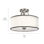 KICHLER 42386AP Lacey 15" 3 Light Semi Flush With Satin Etched Cased Opal Inner Diffusers And White Translucent Organza Outer Shade In Antique Pewter