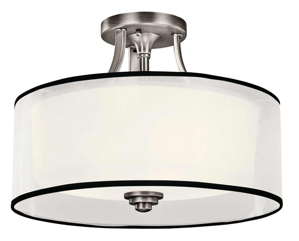 KICHLER 42386AP Lacey 15" 3 Light Semi Flush With Satin Etched Cased Opal Inner Diffusers And White Translucent Organza Outer Shade In Antique Pewter