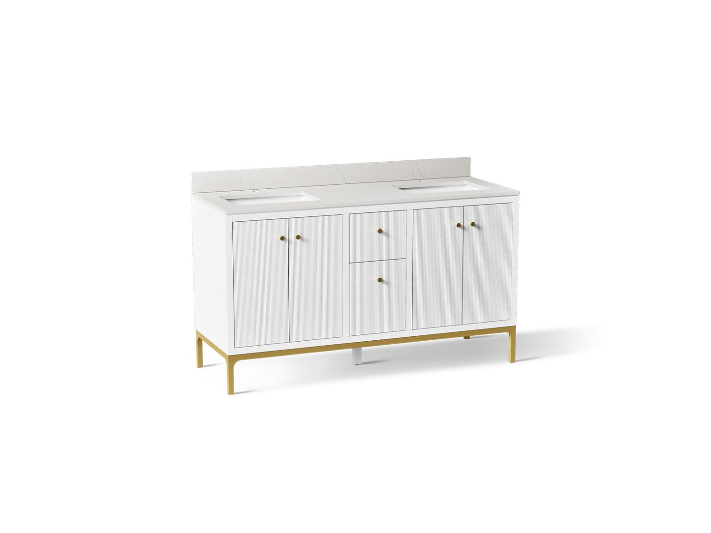 KOHLER K-32835-0 Calpa 60" bathroom vanity cabinet with sinks and quartz top - White