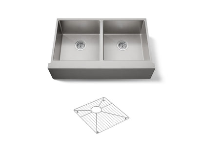 KOHLER K-33159-NA Strive 35-1/2" undermount double-bowl farmhouse kitchen sink with accessories - Stainless Steel