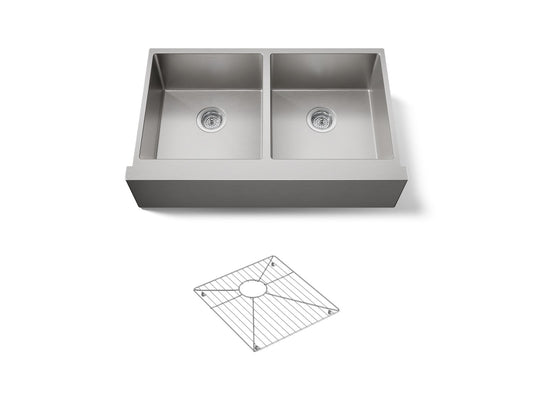 KOHLER K-33159-NA Strive 35-1/2" undermount double-bowl farmhouse kitchen sink with accessories - Stainless Steel